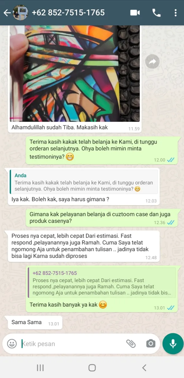 Testimoni pelanggan Cuztoom - Screenshot chat WhatsApp #3