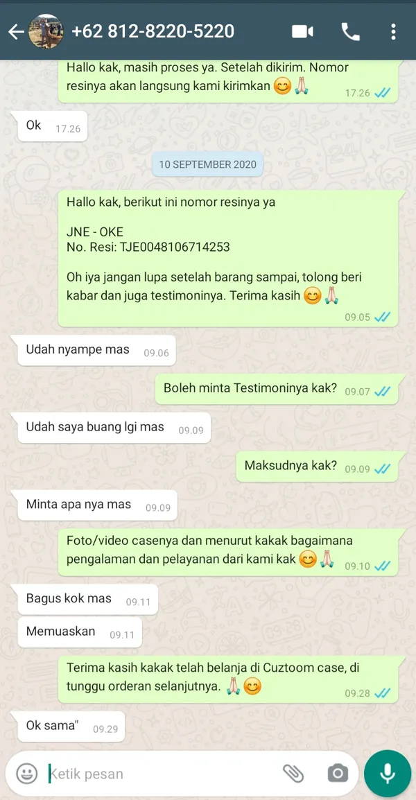 Testimoni pelanggan Cuztoom - Screenshot chat WhatsApp #7