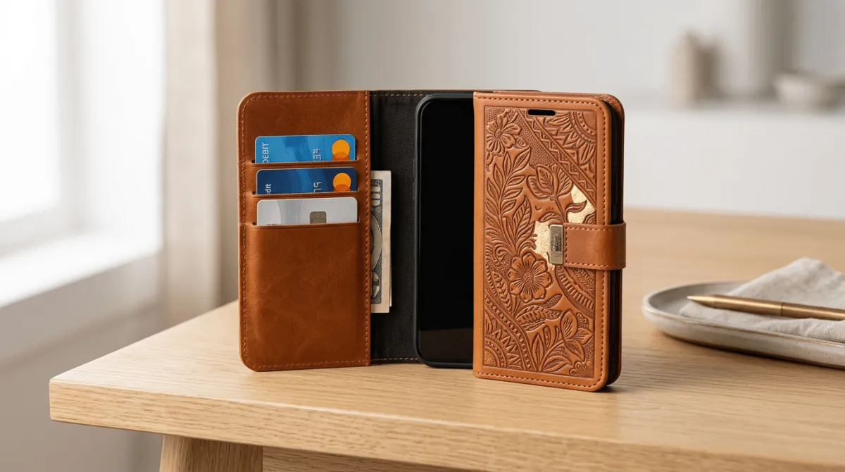 case hp flip wallet dengan desain leather premium warna tan dan slot kartu