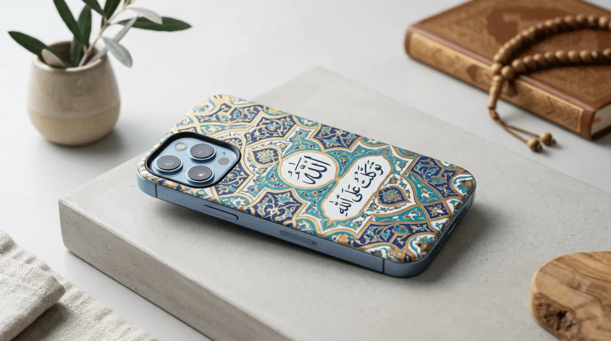 case hp islami dengan desain kaligrafi modern dan warna sage green