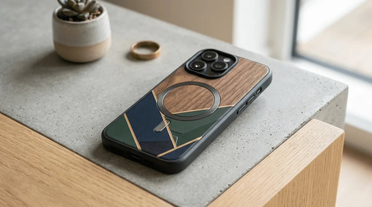 Case hp magnetic magsafe dengan desain custom aesthetic di atas wireless charger