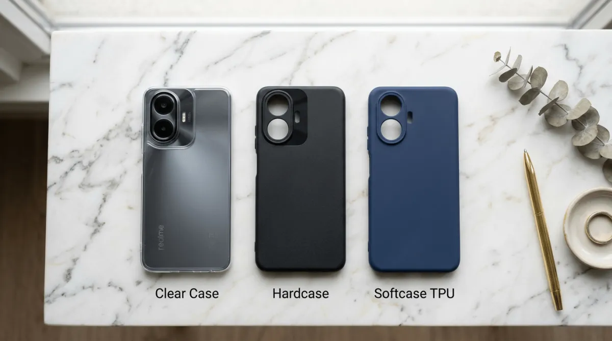 Perbandingan jenis case HP Realme C67 soft case hard case dan wallet case