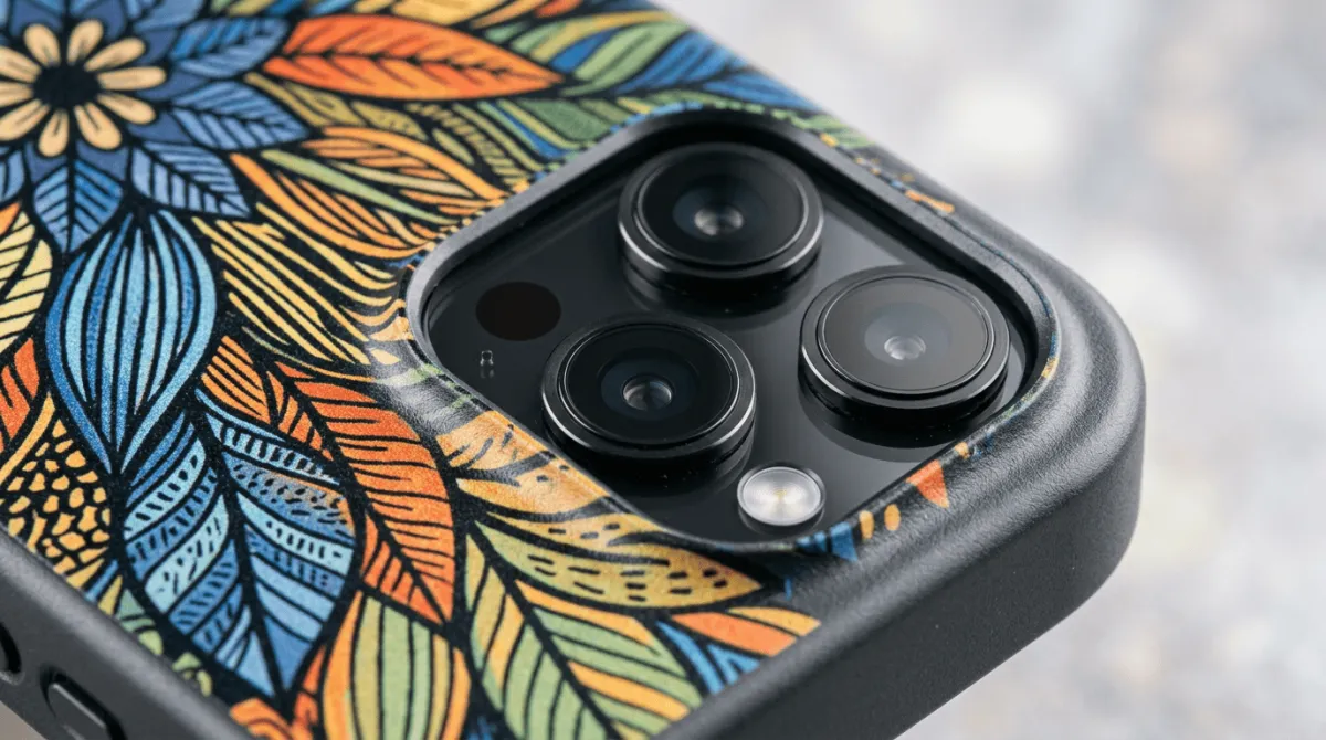 Ilustrasi detail motif daun warna-warni hasil cetak UV pada casing HP keras berwarna gelap