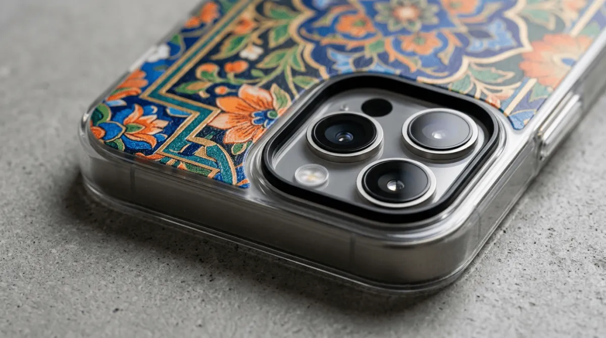 Close-up detail kualitas cetak UV pada case iPhone 17 Pro Max