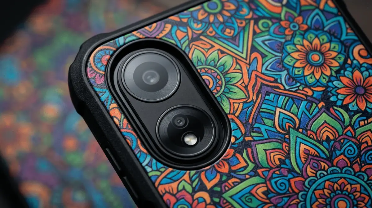 Detail fitur case Oppo A38 dengan raised edge dan precise cutouts