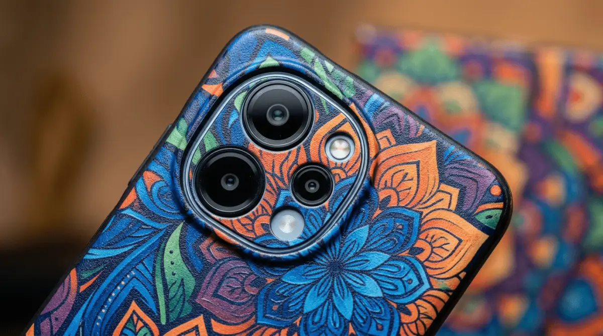 Ilustrasi casing HP dengan motif mandala biru dan jingga hasil cetak UV mengelilingi potongan kamera
