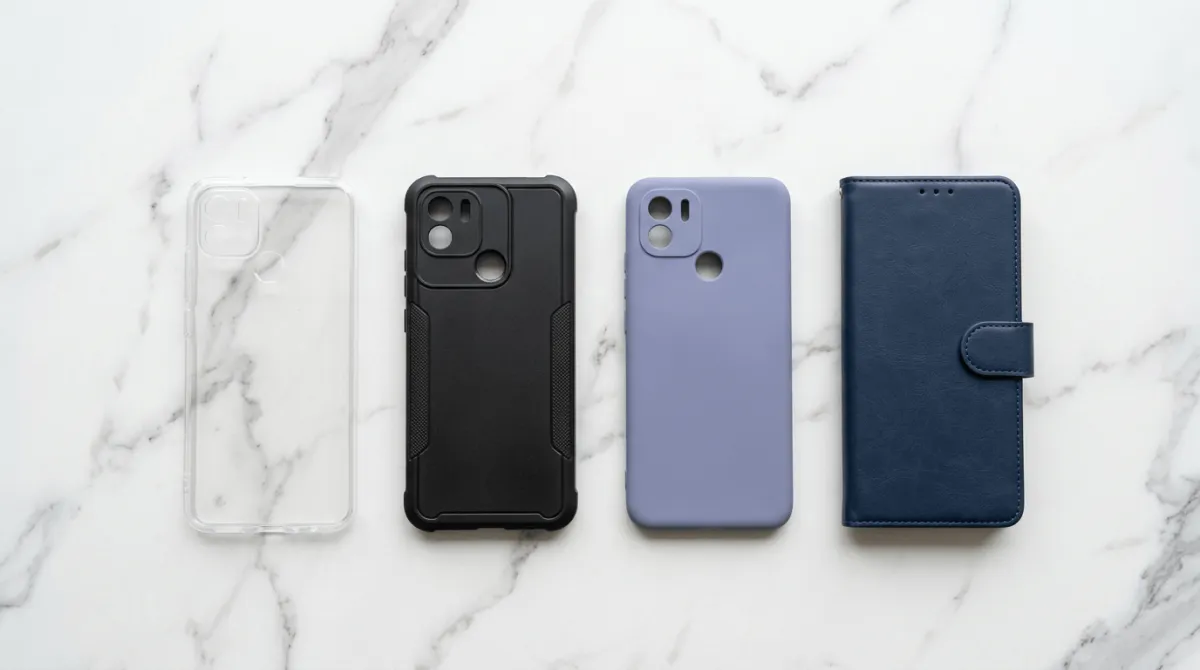 Perbandingan softcase dan hardcase untuk Poco C75 menunjukkan perbedaan material dan desain