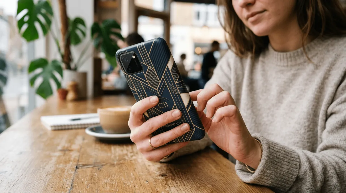 Detail custom case Realme C11 dengan cutout presisi untuk kamera dan port