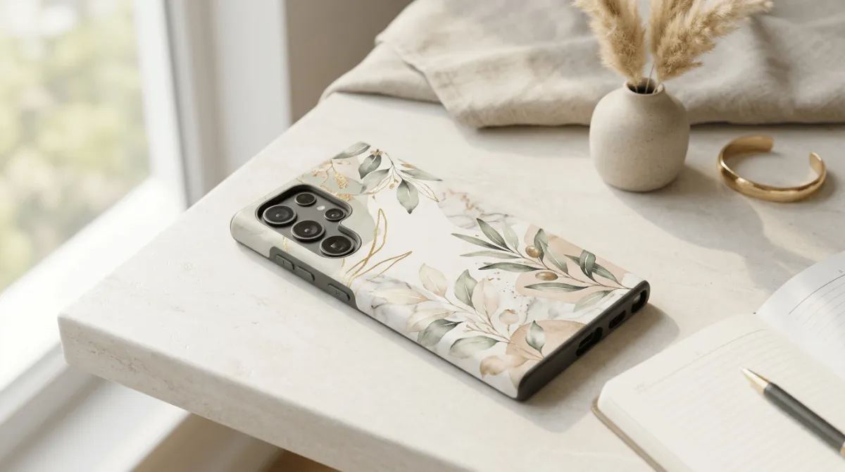Casing HP Samsung aesthetic dengan desain custom floral dan pastel di atas meja kayu