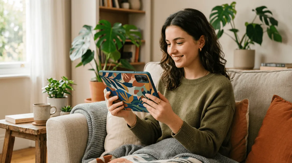 Xiaomi Redmi Pad SE dengan case premium menunjukkan fitur stand dan proteksi lengkap