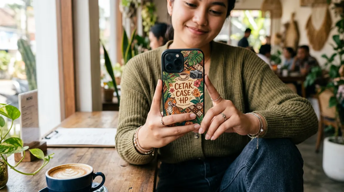 Berbagai hasil cetak case HP custom dengan desain foto, anime, dan tipografi