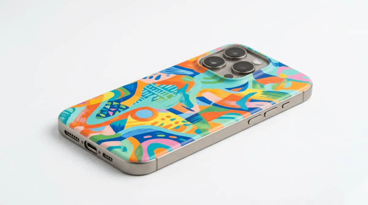 Custom case iPhone 15 Pro Max dengan berbagai desain menarik di atas meja kayu