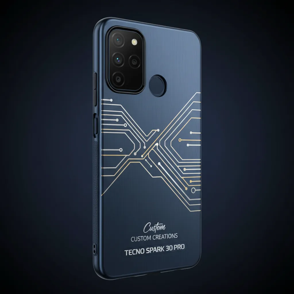 Ilustrasi casing dengan komposisi desain geometris. Bentuk kamera pada ilustrasi bukan acuan untuk lubang casing unit Spark 30 Pro.