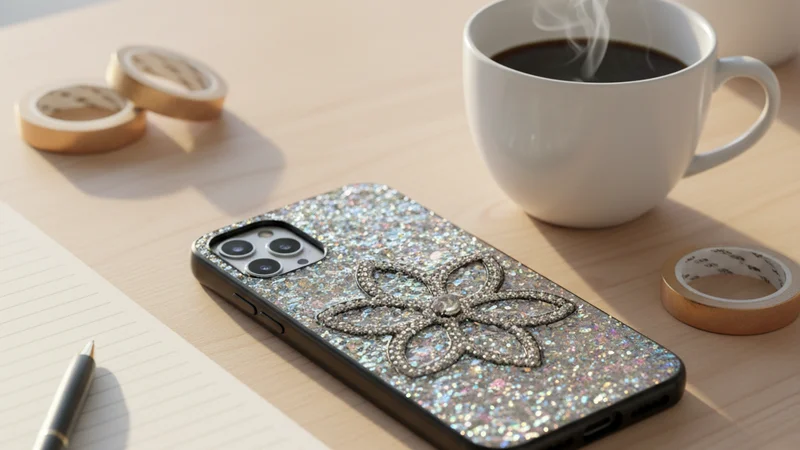 koleksi desain casing glitter holografik dengan berbagai warna dan motif