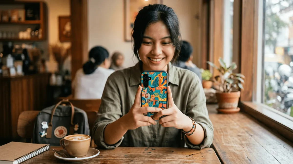Samsung Galaxy A16 dengan custom case lifestyle photo