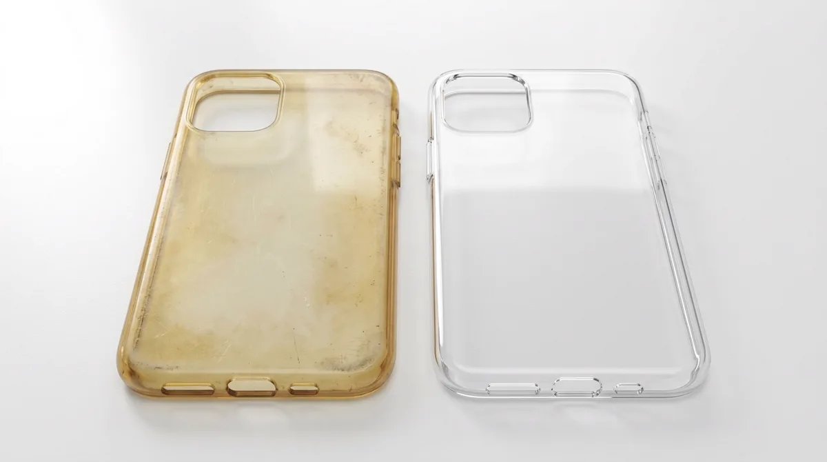Perbandingan casing bening yang sudah menguning dengan casing anti kuning yang masih jernih