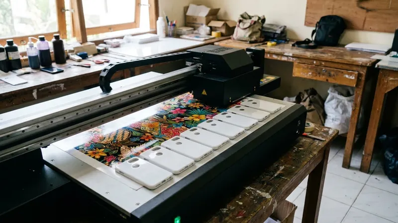 Ilustrasi mesin UV printing mencetak motif pada deretan hardcase kosong