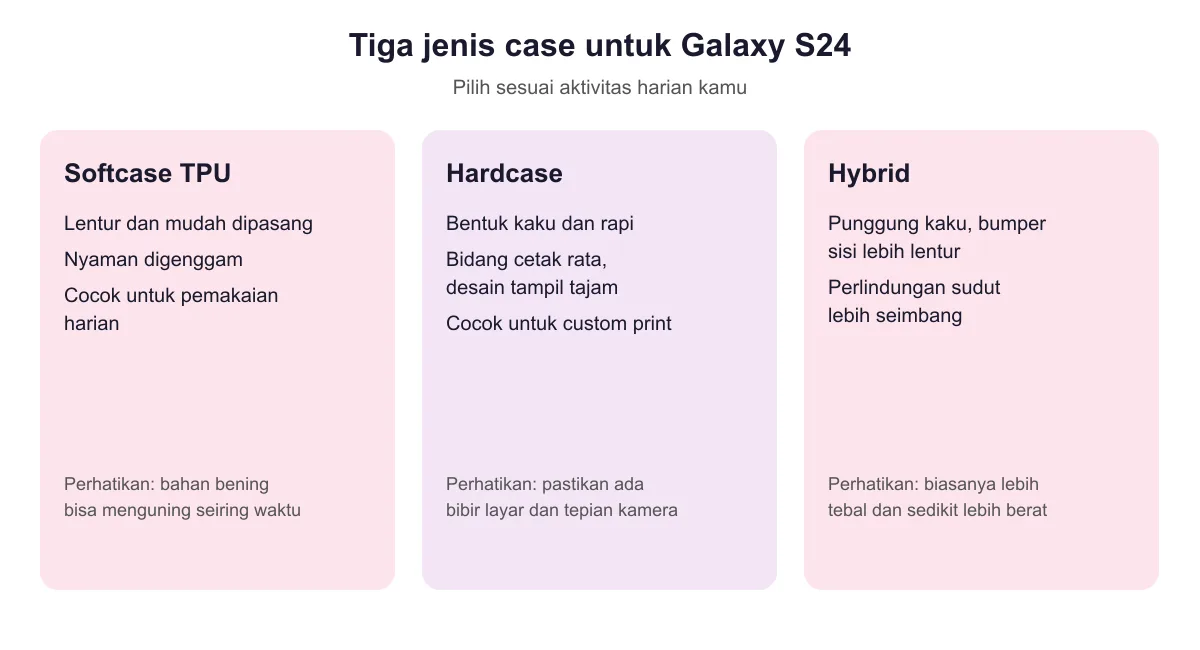 Perbandingan softcase TPU, hardcase, dan hybrid untuk Samsung Galaxy S24