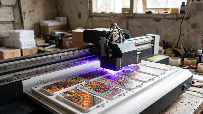Ilustrasi mesin UV printing mencetak motif pada deretan hardcase kosong