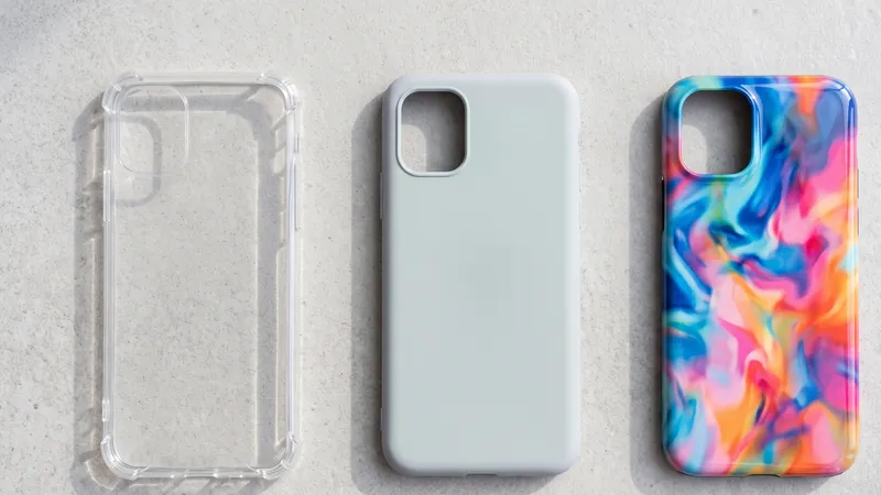 Ilustrasi tiga jenis casing HP berdampingan: case bening bersudut tebal, softcase polos, dan hardcase bermotif
