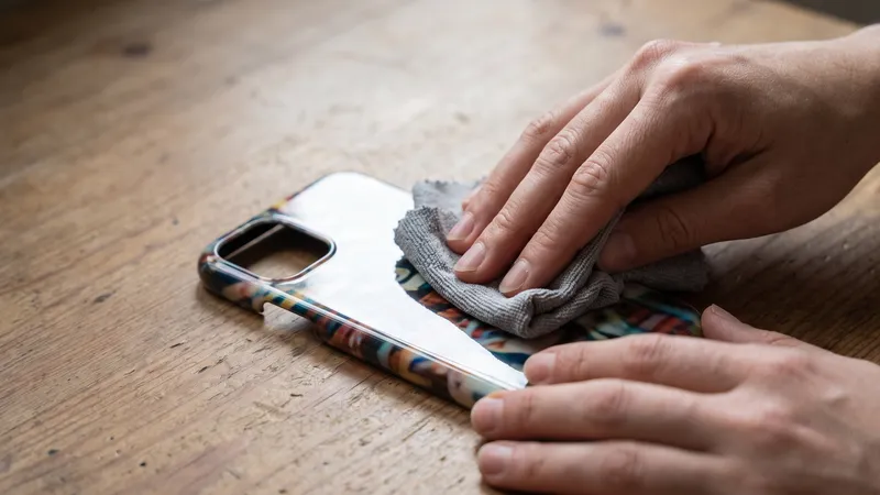 Ilustrasi tangan membersihkan hardcase bermotif yang dilepas dari HP dengan kain microfiber
