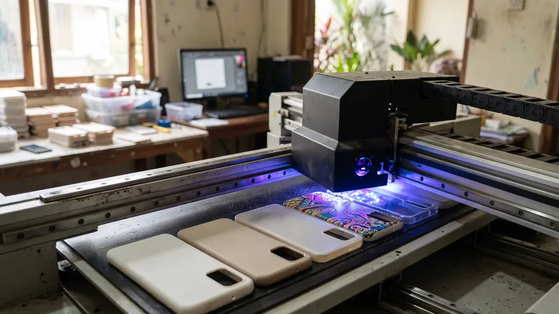 Ilustrasi mesin UV printing mencetak motif pada deretan hardcase kosong