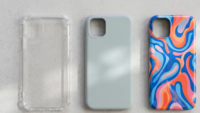 Ilustrasi tiga jenis casing HP berdampingan: case bening bersudut tebal, softcase polos, dan hardcase bermotif