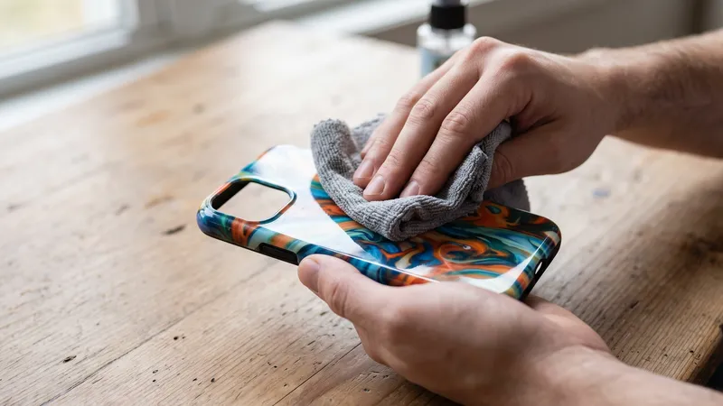 Ilustrasi tangan membersihkan hardcase bermotif yang dilepas dari HP dengan kain microfiber