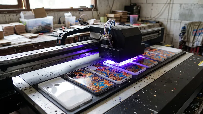 Ilustrasi mesin UV printing mencetak motif pada deretan hardcase kosong