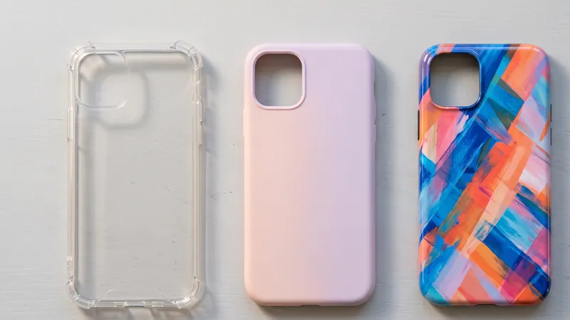 Ilustrasi tiga jenis casing HP berdampingan: case bening bersudut tebal, softcase polos, dan hardcase bermotif