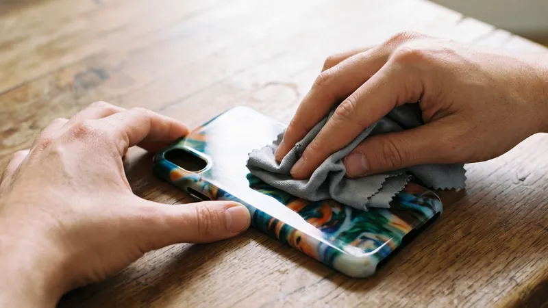 Ilustrasi tangan membersihkan hardcase bermotif yang dilepas dari HP dengan kain microfiber