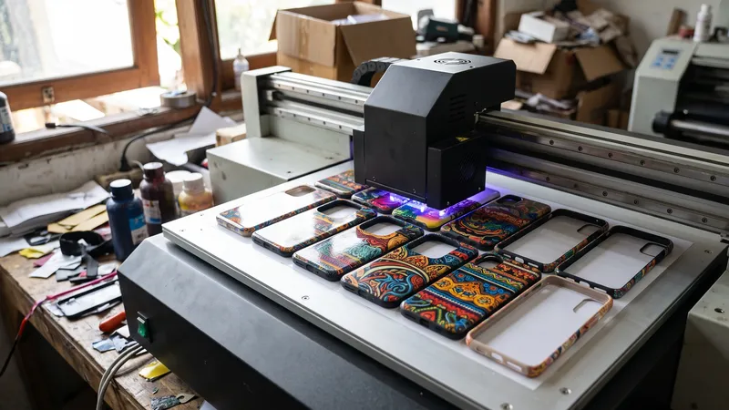 Ilustrasi mesin UV printing mencetak motif pada deretan hardcase kosong