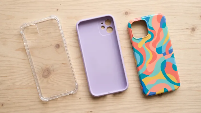 Ilustrasi tiga jenis casing HP kosong: case bening bersudut tebal, softcase polos ungu, dan hardcase bermotif warna-warni