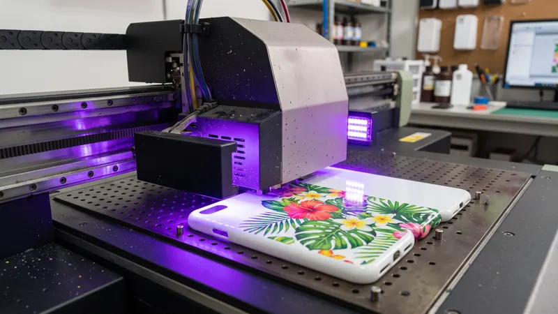 Ilustrasi mesin UV printing mencetak motif bunga tropis pada hardcase putih kosong