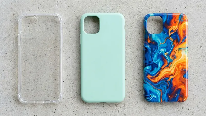 Ilustrasi tiga jenis casing HP berdampingan: case bening bersudut tebal, softcase polos, dan hardcase bermotif