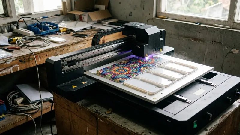 Ilustrasi mesin UV printing mencetak motif pada deretan hardcase kosong