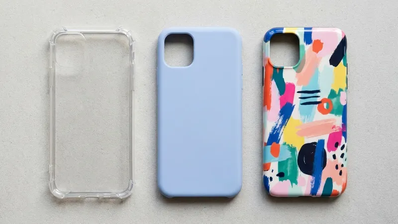 Ilustrasi tiga jenis casing HP berdampingan: case bening bersudut tebal, softcase polos, dan hardcase bermotif