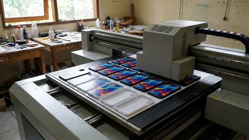Ilustrasi mesin UV printing mencetak motif pada deretan hardcase kosong