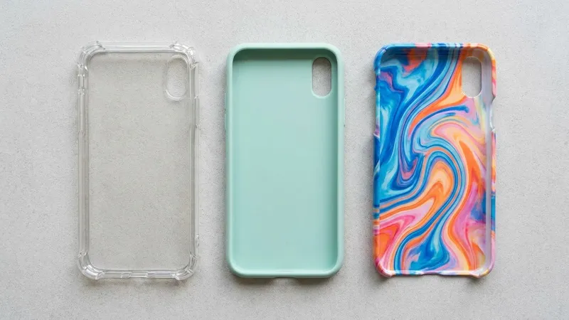 Ilustrasi tiga jenis casing HP berdampingan: case bening bersudut tebal, softcase polos, dan hardcase bermotif