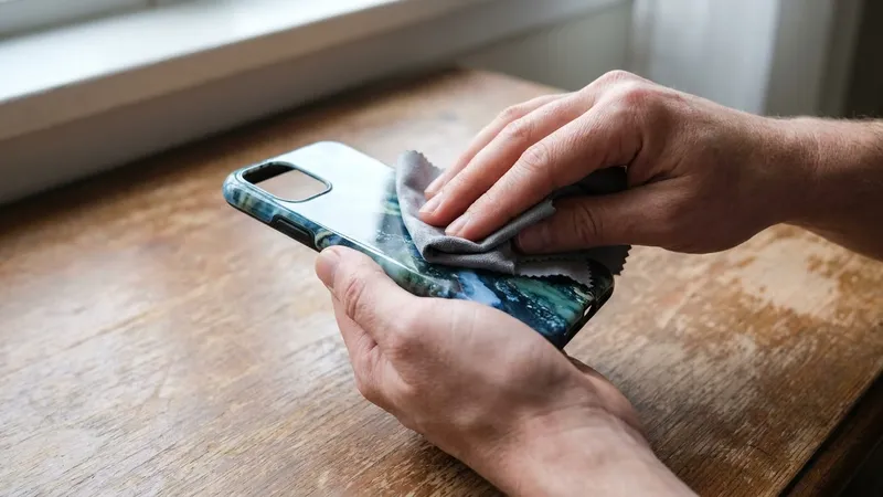 Ilustrasi tangan membersihkan hardcase bermotif yang dilepas dari HP dengan kain microfiber