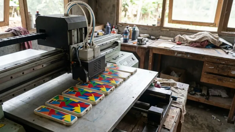 Ilustrasi mesin UV printing mencetak motif pada deretan hardcase kosong