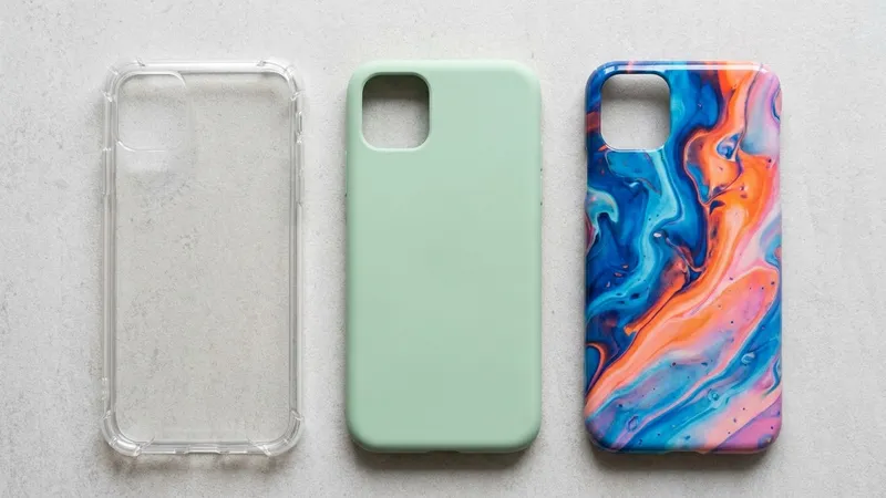 Ilustrasi tiga jenis casing HP berdampingan: case bening bersudut tebal, softcase polos, dan hardcase bermotif