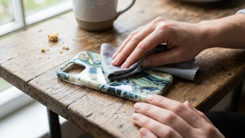 Ilustrasi tangan membersihkan hardcase bermotif yang dilepas dari HP dengan kain microfiber