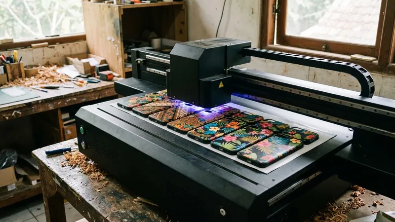 Ilustrasi mesin UV printing mencetak motif pada deretan hardcase kosong