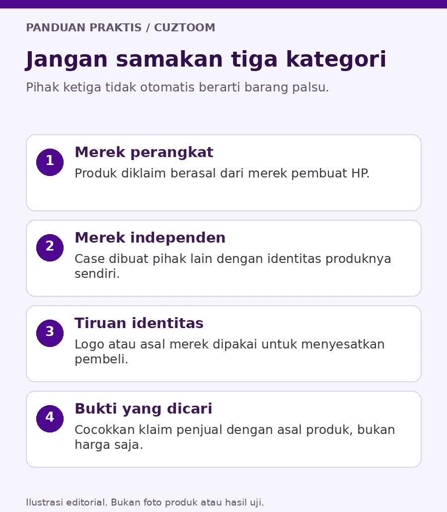 Peta identitas case resmi, merek independen, dan barang dengan klaim merek palsu. Ilustrasi editorial, bukan foto produk atau sertifikasi pengujian.