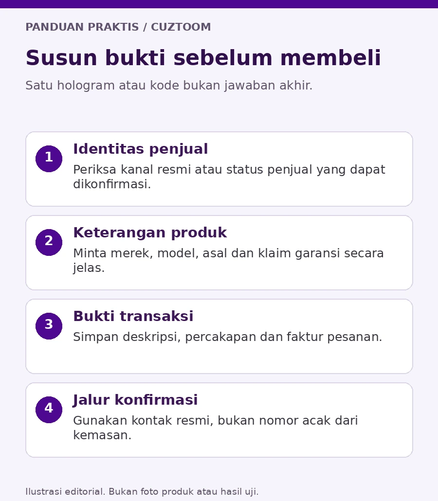 Alur mencocokkan klaim merek, kanal penjual, dan bukti transaksi case. Ilustrasi editorial, bukan foto produk atau sertifikasi pengujian.