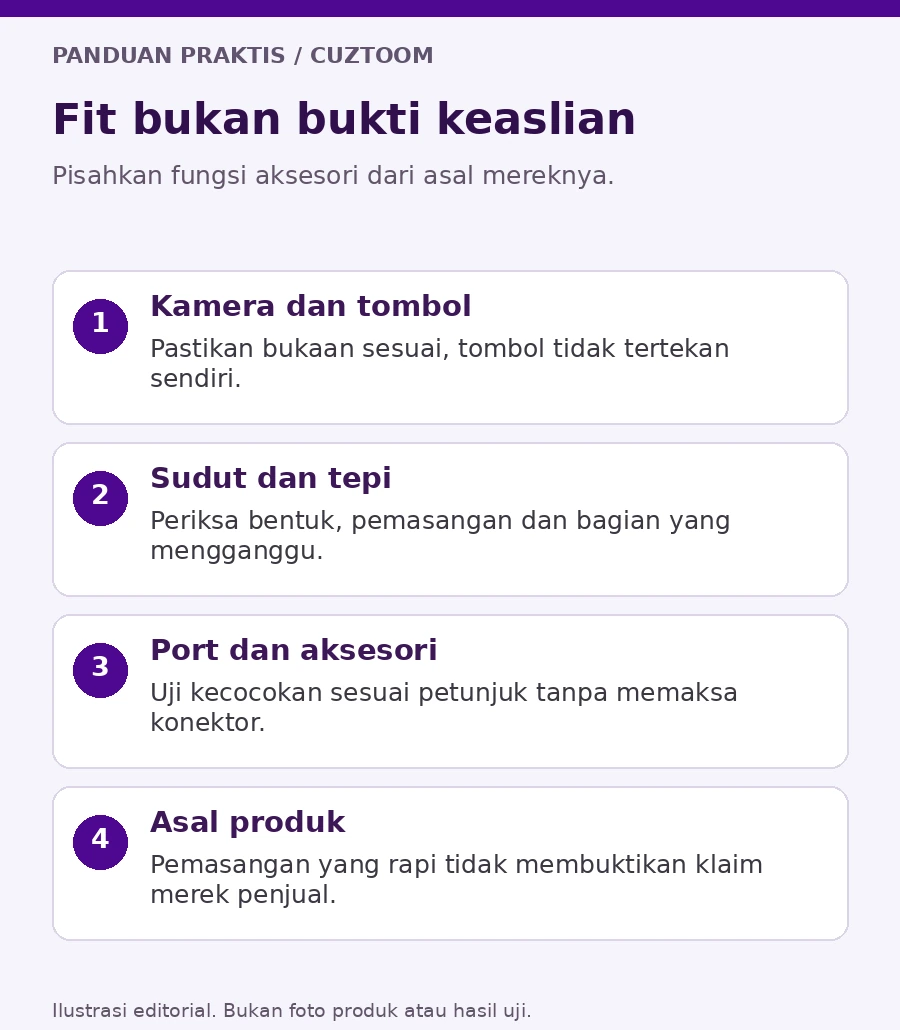 Daftar pemeriksaan penerimaan case tanpa menjatuhkan atau merusak ponsel. Ilustrasi editorial, bukan foto produk atau sertifikasi pengujian.