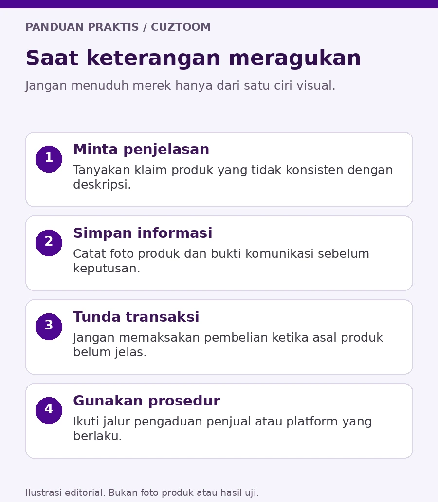 Pemisahan masalah salah model, cacat fisik, dan dugaan pemalsuan merek. Ilustrasi editorial, bukan foto produk atau sertifikasi pengujian.