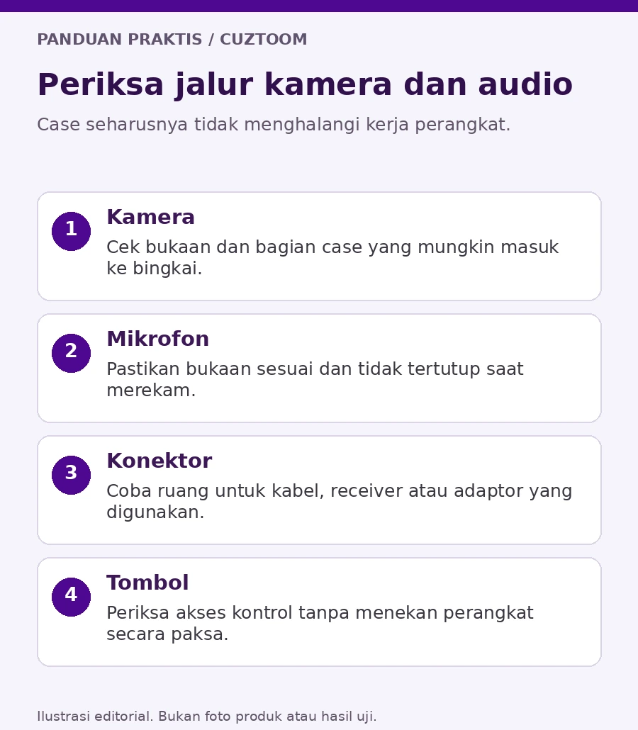 Ilustrasi pemeriksaan bukaan kamera, mikrofon, dan ruang konektor pada ponsel bercase sebelum merekam video