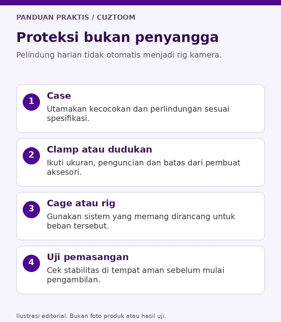 Ilustrasi perbedaan fungsi case pelindung, penjepit tripod, dan rig dengan titik pemasangan aksesori video
